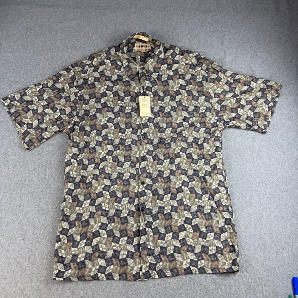VTG 90s Campia Moda Mens M Rayon Short Sleeve Geometric Diamond Print Shirt NWT